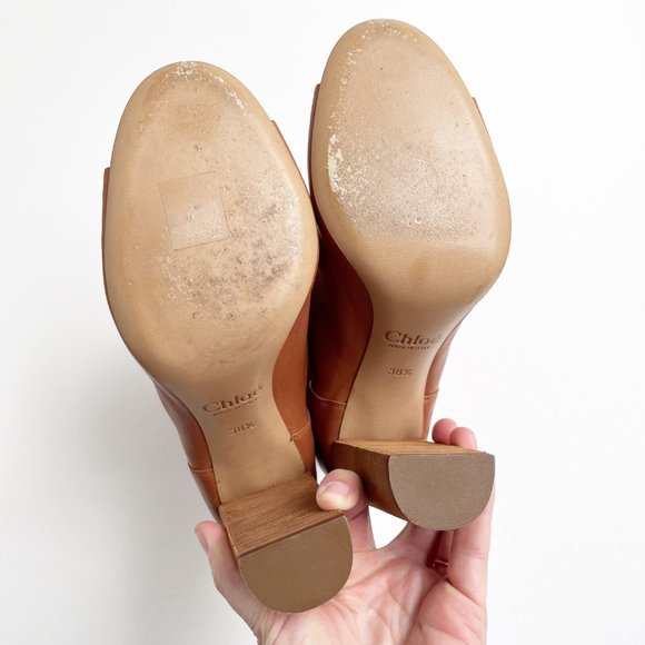 Chloe | Cognac Leather Peep Toe Cinched Ankle Boots | 38.5/8.5 - Picture 10 of 14